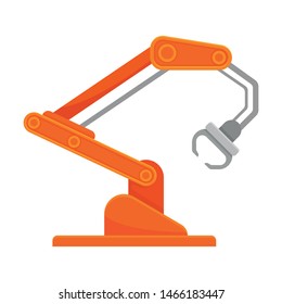 Bright orange robotic arm with an open claw. Vector illustration on white background.