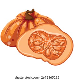 bright orange round pumpkin hiding behind a half cut pumpkin with white seeds inside, for autumn designs or patterns and packaging
