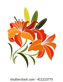 bright orange, scarlet lily flower with green leaves isolated on white background. decorative vector illustration
