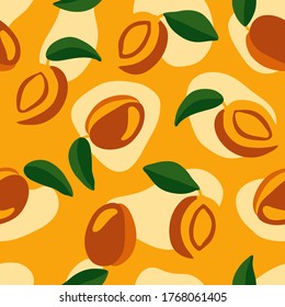 Bright orange seamless pattern. Juicy and tasty peaches. Smooth and soft forms. Illustration for postcards, packaging, design, product, etc.