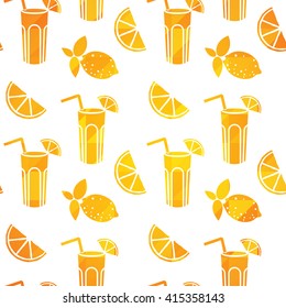 Bright orange seamless pattern with a set of juice objects