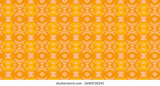 Bright orange seamless retro pattern featuring floral and diamond-shaped motifs.