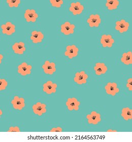 Bright orange small flowers seamless pattern on a green background. Hand drawn design perfect for paper fabric and other surface. Vector illustration.