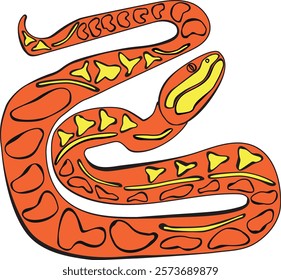 A bright orange snake with a smoothly curving body, resembling a wave. The surface of its skin is adorned with animations yellow spots. the vibrant orange background, creating an exotic effect.