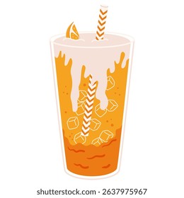 Bright orange soda with whipped cream, ice, and orange slice served in tall clear glass with striped straw. Stock vector illustration in cartoon flat style. Isolated on white background.
