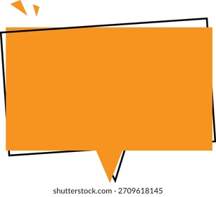 Bright orange speech bubble with black outline and text.