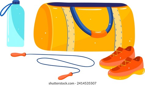 Bright orange sports bag with blue handles next to water bottle, jump rope, and red sneakers. Fitness equipment ready for gym workout vector illustration.