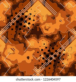 Bright orange spotted geometric vector seamless pattern. Abstract ornamental striped background. Tribal style repeat backdrop. Modern ornament with halftone, spots, waves, curves, zigzag, shapes