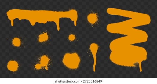 Splatters de pintura de spray laranja brilhante com efeito gotejando no estilo grunge em um fundo quadriculado transparente, conceito de grafite urbano