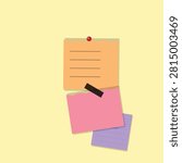 Bright orange sticky note with lines and a red pin on top, attached to pink and purple notes with a black paperclip.