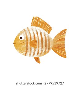 Bright orange striped fish with rounded body swimming alone on white