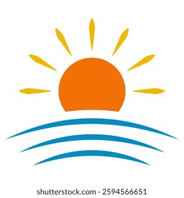 Bright Orange Sun Over Blue Waves, Scenic Horizon in Simple Design
