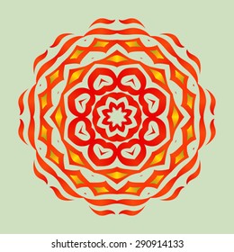A bright orange sun round mandala of different pieces.
