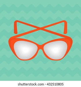 Bright orange sunglasses on a blue background of ocean waves. Objects isolated on background. Flat and cartoon vector illustration.