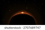 A bright orange sunrise emerging over a dark planetary horizon with scattered stars in the cosmic background