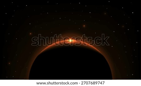 A bright orange sunrise emerging over a dark planetary horizon with scattered stars in the cosmic background