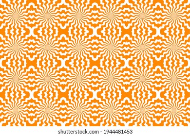 Bright orange symmetrical seamless pattern with wavy zigzag lines forming a hypnotic, floral illusion. High energy and retro in appearance.