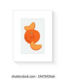 Bright orange tangerine of wall artwork poster. Abstract citrus fruit in boho style tones. Exotic design for print, covers, wallpapers, stories and web. Minimal and natural vector illustration.