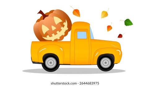A bright orange truck drives through an autumn landscape, featuring a large carved pumpkin in its bed. Halloween. Colorful leaves fall gently, creating a festive seasonal atmosphere