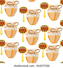 Bright orange vector glass jars of sweet natural honey and dipsticks with nectar drops on seamless background 