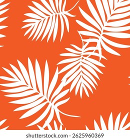 Bright orange vector seamless pattern with white silhouettes of tropical leaves. Perfect for fashion apparel fabric, trendy package, bedding, wallpaper, accessories, outerwear, cloth textile.