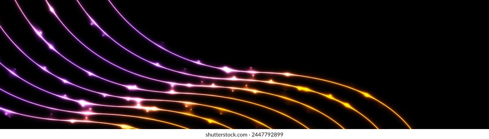 Líneas onduladas de neón naranja brillante y violeta abstracto fondo retro brillante. Diseño de Anuncio de Vector brillante futurista