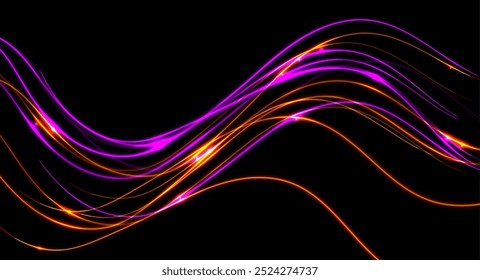 Bright orange and violet neon wavy lines abstract shiny retro background. Futuristic glowing vector banner design