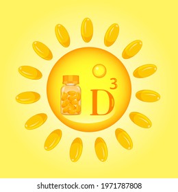 Bright, orange vitamin D 3 vector poster in a solar circle. Jar of capsules in the sun. Bright rays.