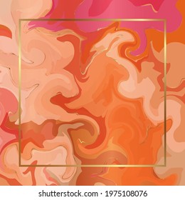 Bright orange watercolor abstraction with gold textures and golden square thin frame. Vector marble painting background.Watercolor style texture.