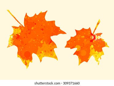 Bright orange watercolor autumn maple leaves over beige background.