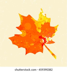 Bright orange watercolor autumn maple leaf over light beige textured background.