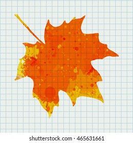 Bright orange watercolor autumn maple leaf over squared notebook page.