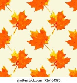 Bright orange watercolor autumn maple leaves seamless pattern.