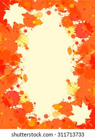 Bright orange watercolor paint splatter frame with autumn maple leaves, vertical format.