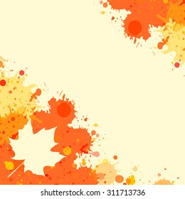 Bright orange watercolor paint splatter frame with autumn maple leaf, square format.