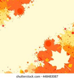 Bright orange watercolor paint splatter frame with autumn maple leaf, square format.