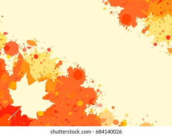 Bright orange watercolor paint splatter frame with autumn maple leaf, horizontal format.