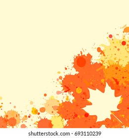 Bright orange watercolor paint splatter frame with autumn maple leaf, square format.