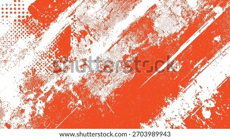 Bright orange and white abstract distressed grunge background with halftone dots and brush strokes texture