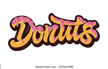 The bright orange word Donuts poured pink caramel with multi-colored sprinkles on top. Concept for logo, card, typography, poster, print. 