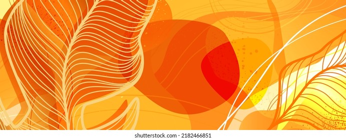 Bright orange and yellow background with large tropical leaves and abstract shapes. Vector illustration for text, banners, wallpaper, background, sales, discounts, promotions, etc.