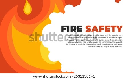 Bright orange and yellow flames with billowing white smoke dominate a fire safety awareness design with centered text. Ideal for fire safety education, emergency planning, safety drills, prevention