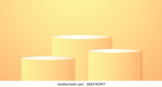 Sótano o podio redondo amarillo y naranja brillante, fondo mínimo del producto, maqueta de plantilla para exhibición y evento de verano