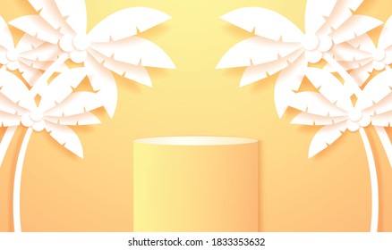 Sótano o podio redondo amarillo y naranja brillante, fondo mínimo del producto, maqueta de plantilla para exhibición y evento de verano