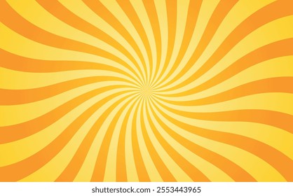 Bright orange and yellow sunburst background. Abstract chocolate cream sunbeams design. Colorful spinning lines for template, banner, poster, flyer. Vector backdrop.