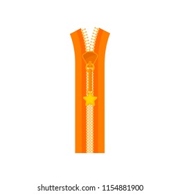 Bright orange zip fastener plastic teeth and small golden star on puller. Open zipper for women dress. Flat vector icon