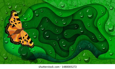 a bright orange-and-black butterfly flies over abstract plant forms that overlap each other with smooth wavy edges covered with drops of clear liquid. Natural art wallpaper with 3D effect. vector imag