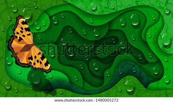 a bright orange-and-black butterfly flies over abstract plant forms that overlap each other with smooth wavy edges covered with drops of clear liquid. Natural art wallpaper with 3D effect. vector imag