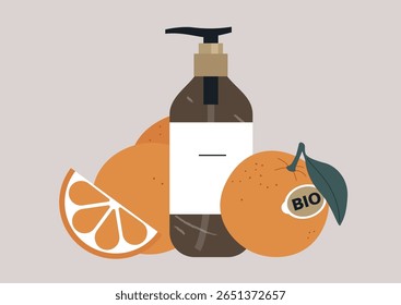 Bright oranges surround a stylish bottle, showcasing eco-friendly skincare solutions,The arrangement highlights freshness and nature's bounty in an inviting setting