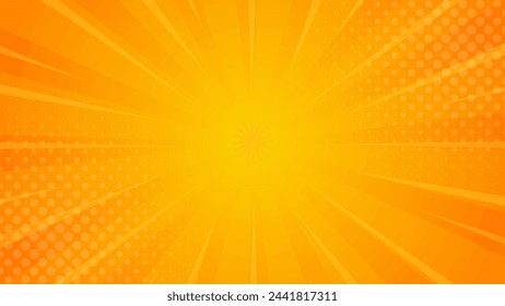 Fondo abstracto brillante de degradado naranja-amarillo. Fondo de efecto sunburst de cómic naranja con semitonos. Adecuado para plantillas, banners de ventas, eventos, anuncios, sitios web y páginas